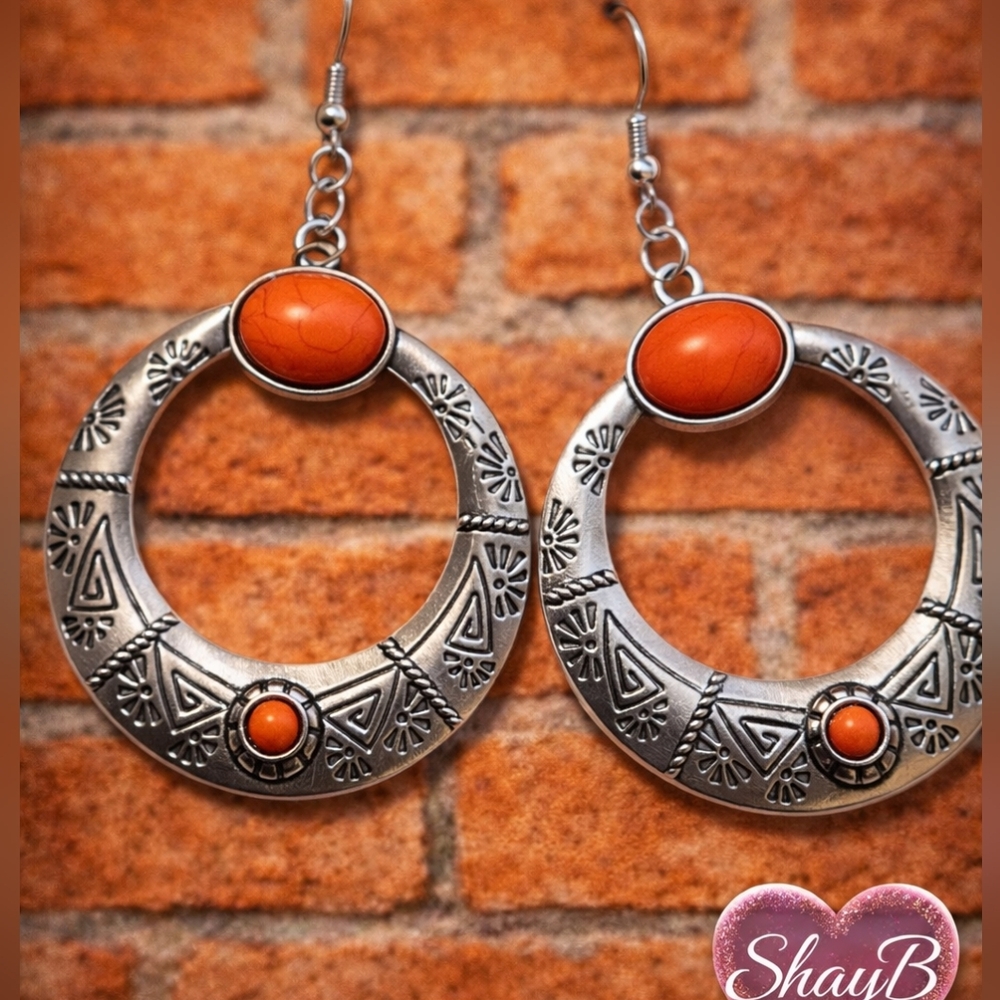 Silver Earrings with Orange Accents